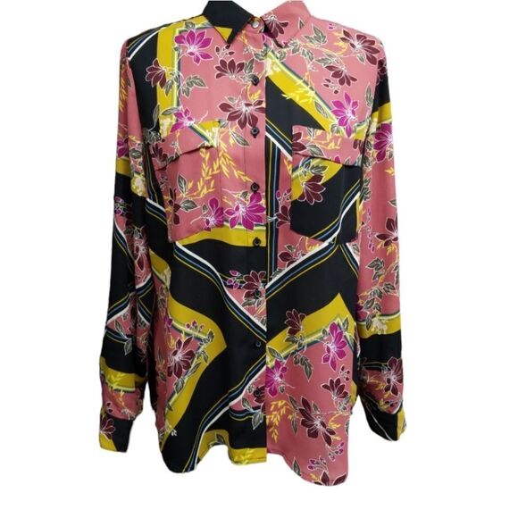 APT.9 Blouse Button Front Abstract Floral Pattern Rolltab Sleeves Medium - Picture 1 of 10